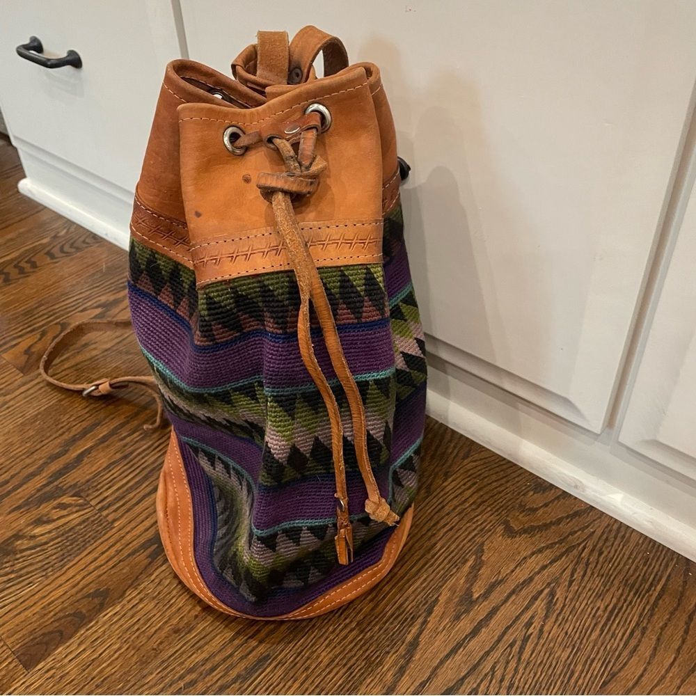 VINTAGE Aztec Tapestry & Tan Leather Drawstring Backpack - Picture 2 of 10